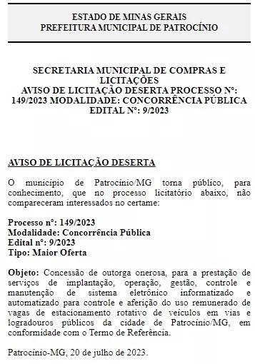 Licitação para definir operador do estacionamento rotativo não recebeu nenhuma  proposta